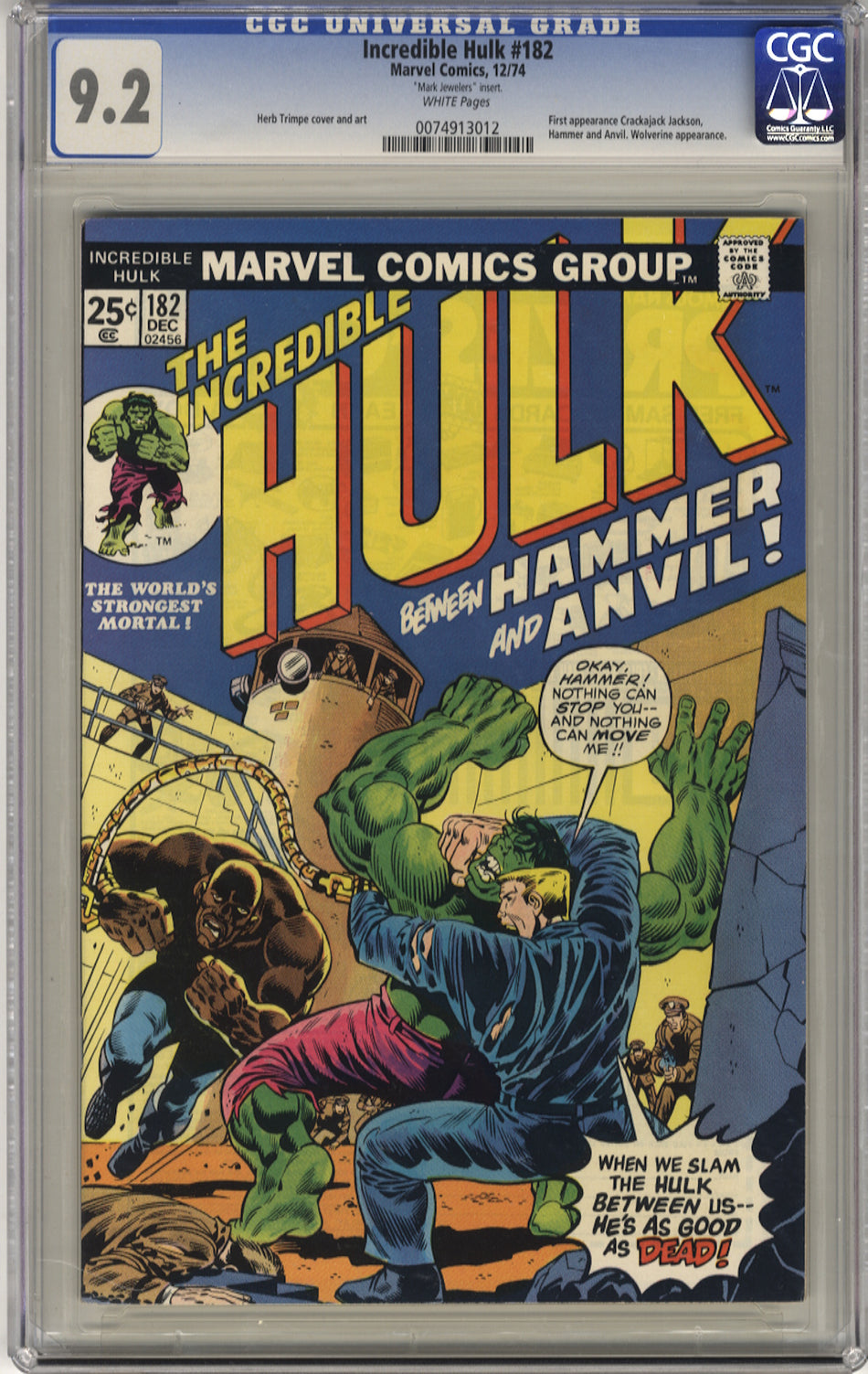 INCREDIBLE HULK 182 - CGC 9.2 - Mark Jewellers Insert